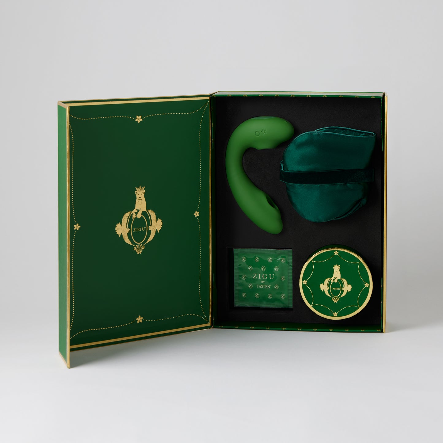 Le Jardin Enchante is a dual stimulator from Zigu by Tasten that comes with Green Tea, Lotion, and a Silk Eye Mask.
